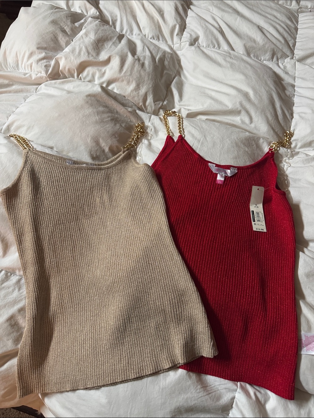 No Boundaries Ribbed Off-Shoulder Chain-Strap Tanks - Red & Beige